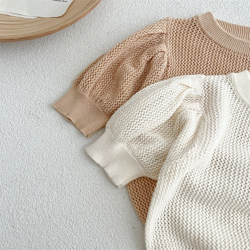 -ベビー サマーニット レース 半袖 パフスリーブ セーター カットソー Tシャツ トップス ベージュホワイト ブラウン ガールズ - mamahalo shop - ニット・セーター -  べビー服 - 子供服 - 男の子 - 女の子