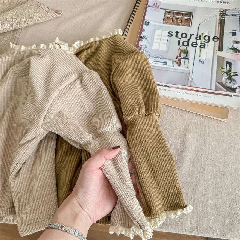 -キッズカットソー ニットTシャツ レースフリル 長袖パフスリーブ 裏フリース 2カラー ガールズ 女の子 子供服 - mamahalo shop - 長袖Tシャツ -  べビー服 - 子供服 - 男の子 - 女の子