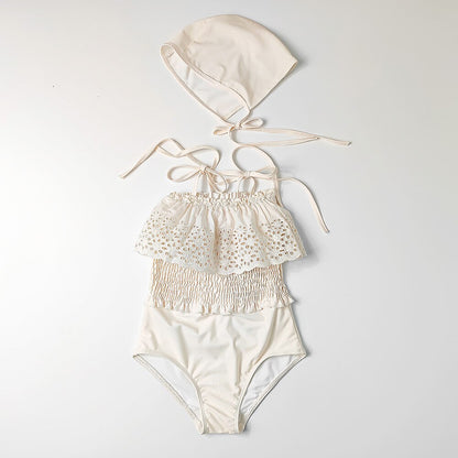 -キッズ 水着 ワンピース レース フリル シャーリング エレガント 帽子 セット スイムウェア ベージュ ガールズ【mh0002002】 - mamahalo shop - ベビー用水着 -  べビー服 - 子供服 - 男の子 - 女の子