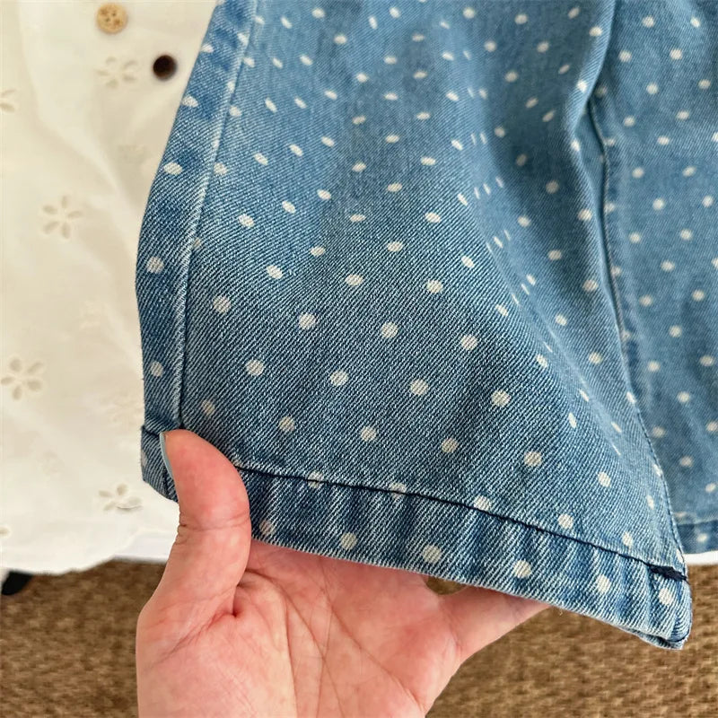 -キッズパンツ 水玉ドットワイドルーズデニムパンツ ジーンズジーパン - mamahalo shop - デニムパンツ -  べビー服 - 子供服 - 男の子 - 女の子