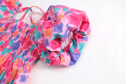 -キッズワンピース 半袖パフスリーブバッククロスワンピース カラフルシェル貝殻プリント【mh0005612】 - mamahalo shop - 半袖ワンピース -  べビー服 - 子供服 - 男の子 - 女の子