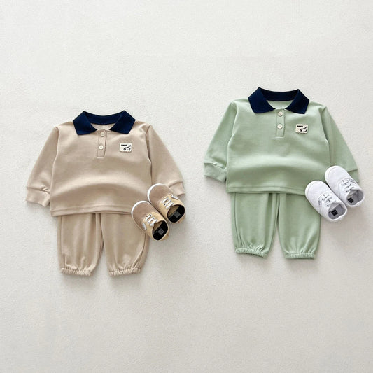 -ベビーキッズセットアップ 2点セット バックプリント長袖ポロシャツ+ロングパンツ 2カラーベビーキッズセットアップ 2点セット バックプリント長袖ポロシャツ+ロングパンツ 2カラー【mh0007225】 - mamahalo shop - 長袖セットアップ -  べビー服 - 子供服 - 男の子 - 女の子