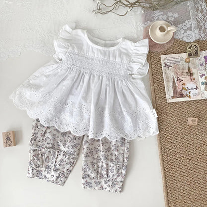 -ベビーキッズトップス フリルスリーブチュニックブラウス 無地/フラワー花柄プリント - mamahalo shop - 半袖シャツ・ブラウス -  べビー服 - 子供服 - 男の子 - 女の子