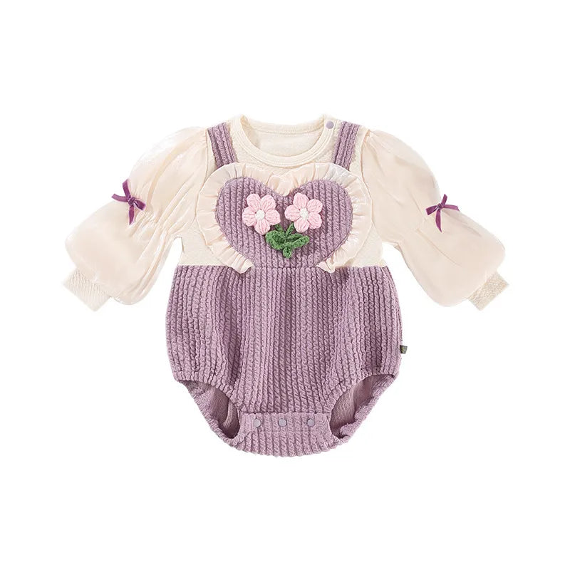 -ベビー 長袖ロンパース サスペンダーパンツドッキング リボン パープル ガールズ 女の子 子供服 - mamahalo shop - 長袖ロンパース -  べビー服 - 子供服 - 男の子 - 女の子