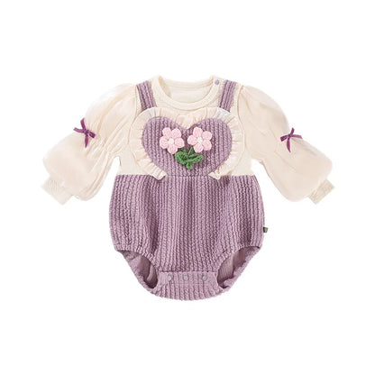 -ベビー 長袖ロンパース サスペンダーパンツドッキング リボン パープル ガールズ 女の子 子供服 - mamahalo shop - 長袖ロンパース -  べビー服 - 子供服 - 男の子 - 女の子