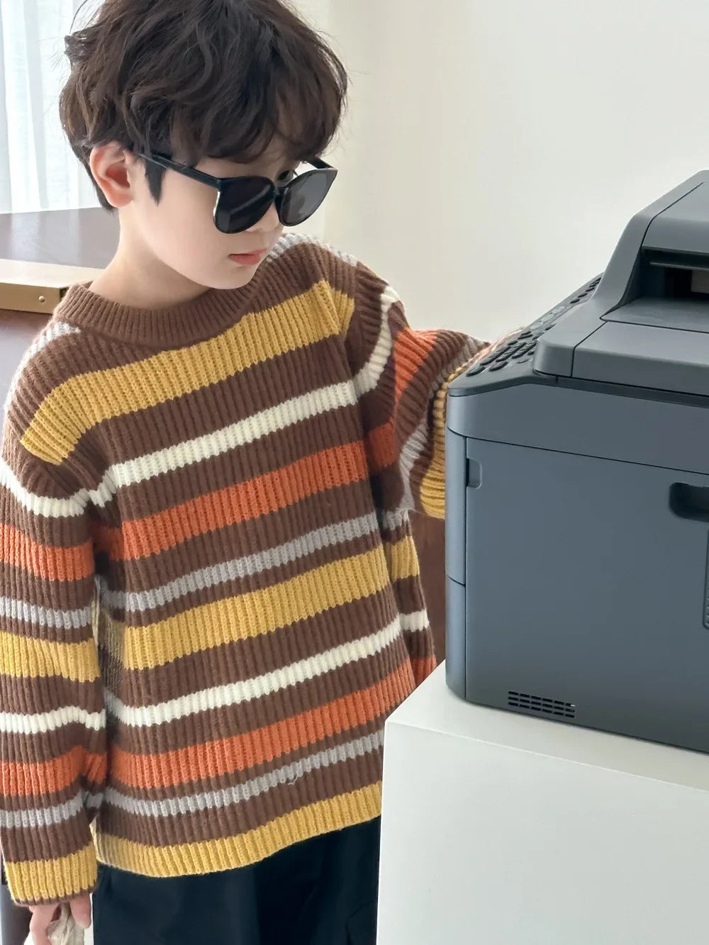 -キッズトップス/ワンピース レトロボーダー長袖ニットTシャツ/フーディボーダー長袖ニットワンピース リンクコーデ 兄弟姉妹 お揃いコーデ【mh0007131】 - mamahalo shop - ニット・セーター -  べビー服 - 子供服 - 男の子 - 女の子