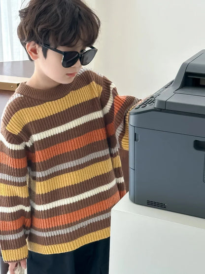 -キッズトップス/ワンピース レトロボーダー長袖ニットTシャツ/フーディボーダー長袖ニットワンピース リンクコーデ 兄弟姉妹 お揃いコーデ【mh0007131】 - mamahalo shop - ニット・セーター -  べビー服 - 子供服 - 男の子 - 女の子