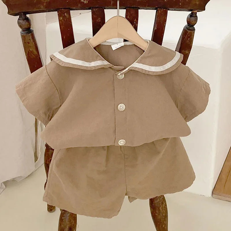 -ベビーキッズセットアップ 2点セット セーラーカラー半袖シャツ+ショートパンツ 3カラー【mh0004768】 - mamahalo shop - 半袖セットアップ -  べビー服 - 子供服 - 男の子 - 女の子