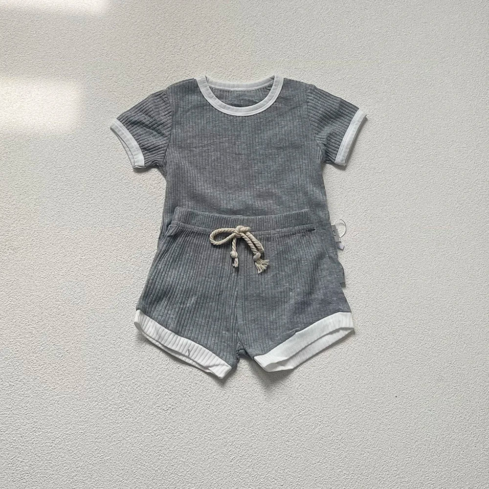 -ベビーセットアップ 2点セット 半袖Tシャツ+ショートパンツ シンプルベーシック 無地/ボーダー 5カラー - mamahalo shop - 半袖セットアップ -  べビー服 - 子供服 - 男の子 - 女の子