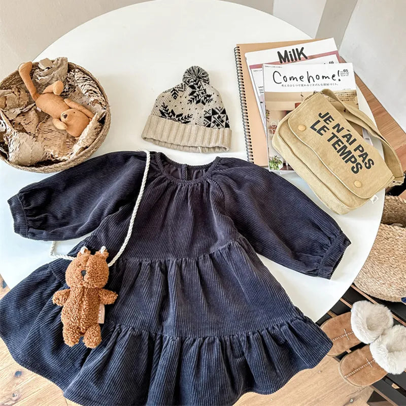 -キッズ 長袖ワンピース コーデュロイ ドレスワンピース カーキ ネイビーブルー 2カラー ガールズ 女の子 子供服 - mamahalo shop - 長袖ワンピース -  べビー服 - 子供服 - 男の子 - 女の子