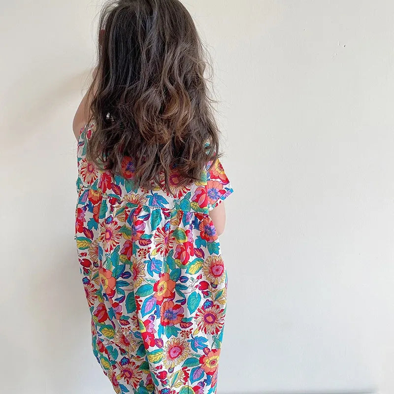 -キッズジャンプスーツ 半袖シャツつなぎ フラワー花柄プリント【mh0005838】 - mamahalo shop - 半袖ジャンプスーツ -  べビー服 - 子供服 - 男の子 - 女の子