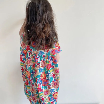 -キッズジャンプスーツ 半袖シャツつなぎ フラワー花柄プリント【mh0005838】 - mamahalo shop - 半袖ジャンプスーツ -  べビー服 - 子供服 - 男の子 - 女の子