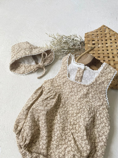 -ベビーロンパース+帽子セット フラワープリントノースリーブボディスーツ+お揃いボンネット帽子 - mamahalo shop - ノースリーブロンパース -  べビー服 - 子供服 - 男の子 - 女の子