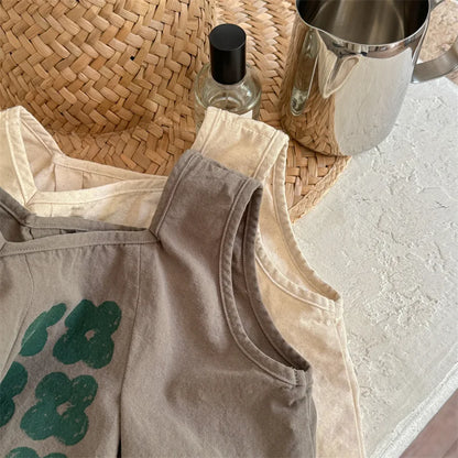 -キッズセットアップ 2点セット ノースリーブトップス+フレアショートパンツ レトロフラワープリント 2カラー - mamahalo shop - ノースリーブセットアップ -  べビー服 - 子供服 - 男の子 - 女の子