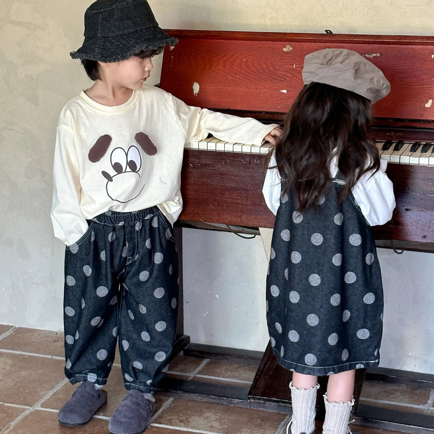 -キッズパンツ/サスペンダースカート デニム水玉ポルカドットプリントルーズロングパンツ/サスペンダーオーバーオールスカート リンクコーデ 兄弟姉妹 お揃いコーデ - mamahalo shop - ノースリーブワンピース -  べビー服 - 子供服 - 男の子 - 女の子