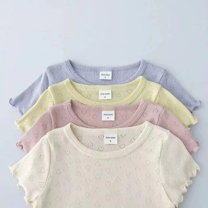 -ベビートップス ハートレースニット 半袖Tシャツ パステル 4カラー - mamahalo shop - 半袖Tシャツ -  べビー服 - 子供服 - 男の子 - 女の子