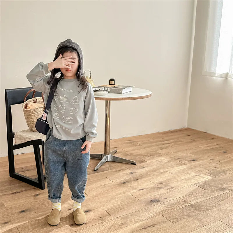 -キッズトップス 長袖Tシャツ スウェットシャツ Butter スイーツ ロゴプリント 2カラー - mamahalo shop - 長袖Tシャツ -  べビー服 - 子供服 - 男の子 - 女の子