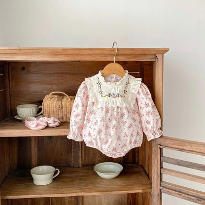 -ベビーロンパース フラワープリント刺繍長袖ボディスーツ ピンク【mh0007383】 - mamahalo shop - 長袖ロンパース -  べビー服 - 子供服 - 男の子 - 女の子