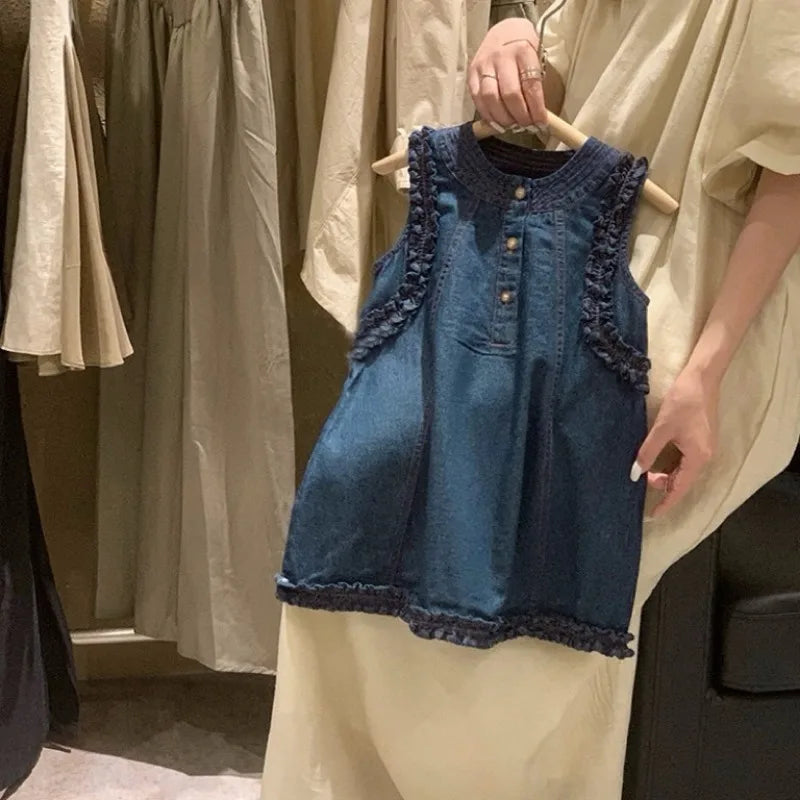 -キッズワンピース デニムフリル ノースリーブワンピース【mh0005355】 - mamahalo shop - ノースリーブワンピース -  べビー服 - 子供服 - 男の子 - 女の子