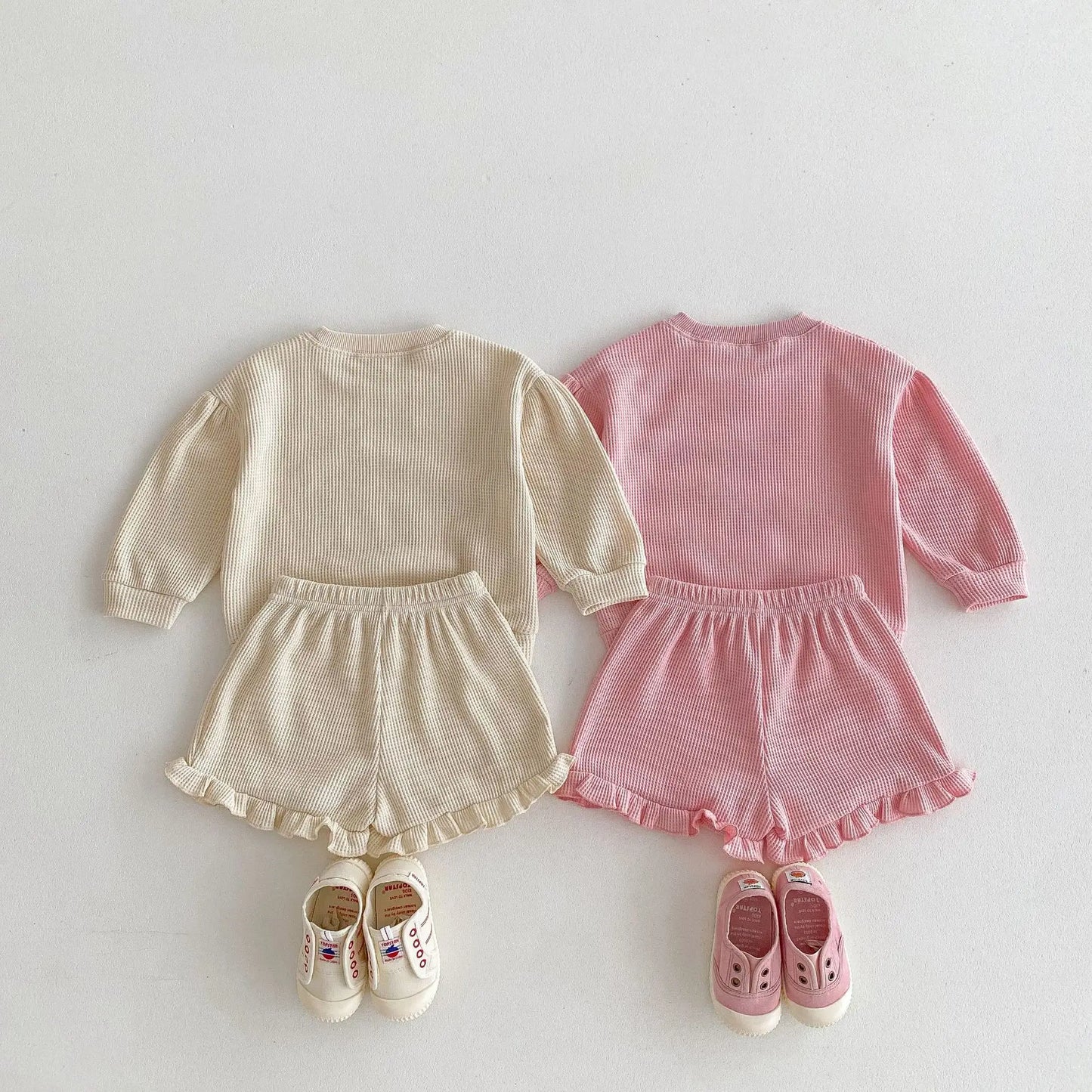 -キッズセットアップ 2点セット ワッフル 長袖Tシャツ+フリルショートパンツ うさぎプリント 2カラー【mh0006377】 - mamahalo shop - 長袖セットアップ -  べビー服 - 子供服 - 男の子 - 女の子