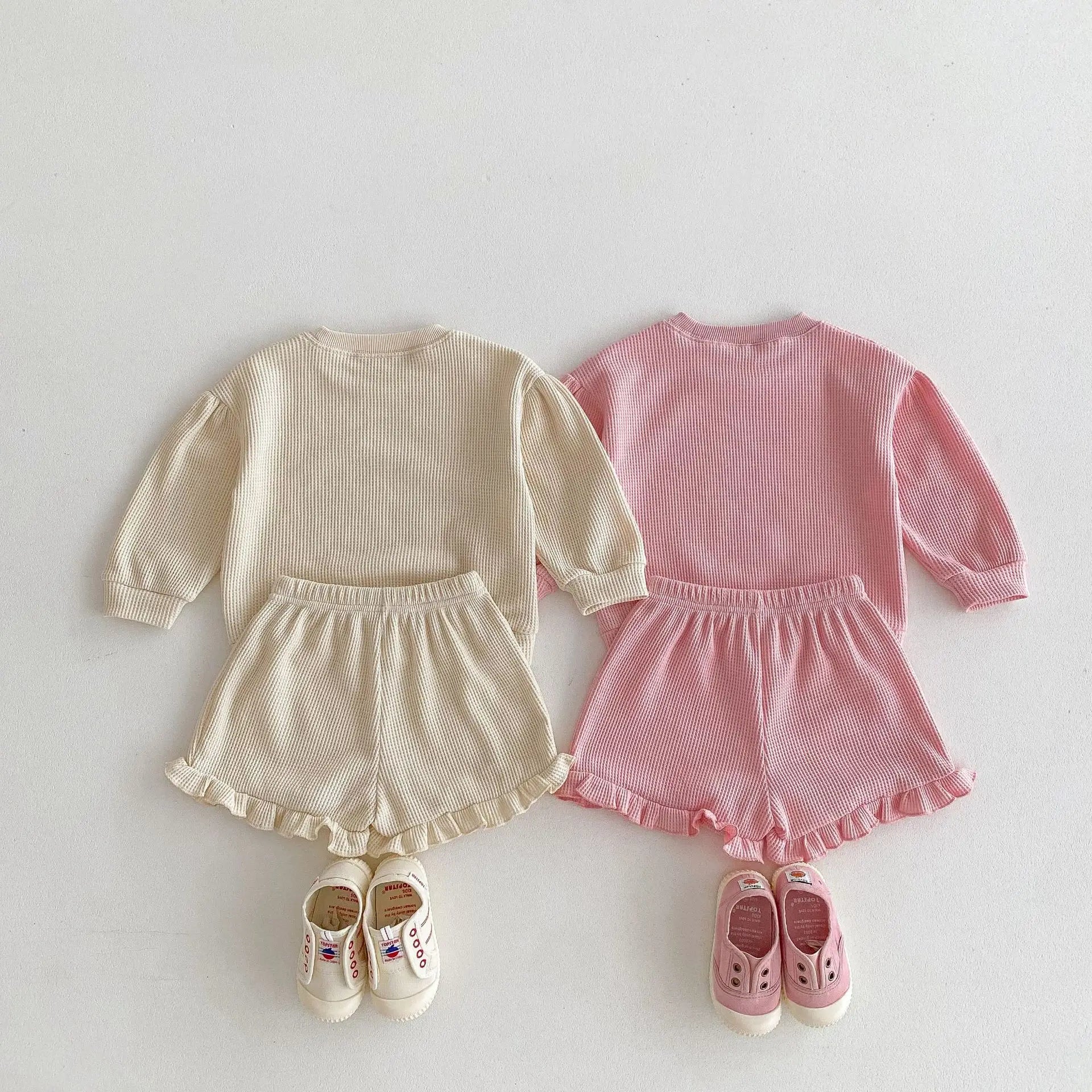 -キッズセットアップ 2点セット ワッフル 長袖Tシャツ+フリルショートパンツ うさぎプリント 2カラー【mh0006377】 - mamahalo shop - 長袖セットアップ -  べビー服 - 子供服 - 男の子 - 女の子