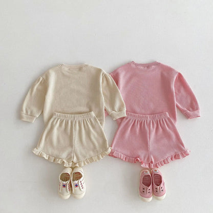 -キッズセットアップ 2点セット ワッフル 長袖Tシャツ+フリルショートパンツ うさぎプリント 2カラー【mh0006377】 - mamahalo shop - 長袖セットアップ -  べビー服 - 子供服 - 男の子 - 女の子