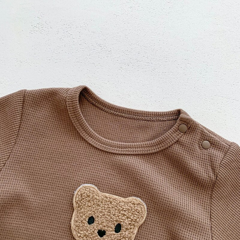-ベビー くま ベア ワッフル 半袖 ロンパース ジャンプスーツ ボンネット 耳帽子 セット ベージュ コーヒーブラウン ユニセックス - mamahalo shop - 半袖ロンパース -  べビー服 - 子供服 - 男の子 - 女の子