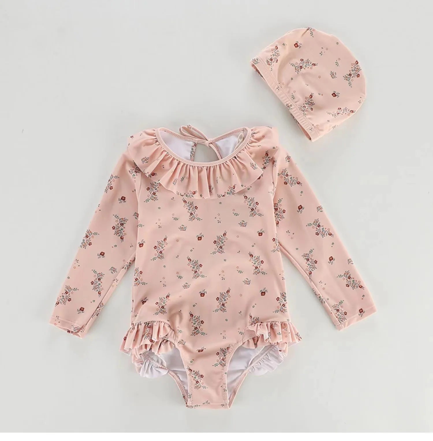 -キッズ水着 帽子セット 長袖ワンピース スイムウェア フリル フラワー花柄プリント 2カラー【mh0004456】 - mamahalo shop - ベビー用水着 -  べビー服 - 子供服 - 男の子 - 女の子