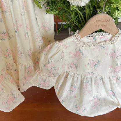 -ベビーロンパース 半袖パフスリーブボディスーツ フラワー花柄プリント【mh0006062】 - mamahalo shop - 半袖ロンパース -  べビー服 - 子供服 - 男の子 - 女の子