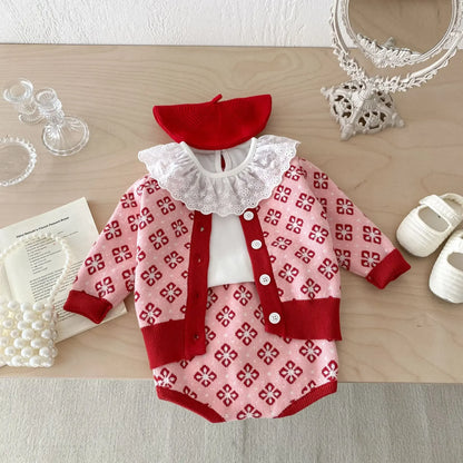 -ベビーセットアップ 2点セット レトロフラワーカーディガン+サスペンダーロンパース ピンクレッド - mamahalo shop - ロンパースセットアップ -  べビー服 - 子供服 - 男の子 - 女の子