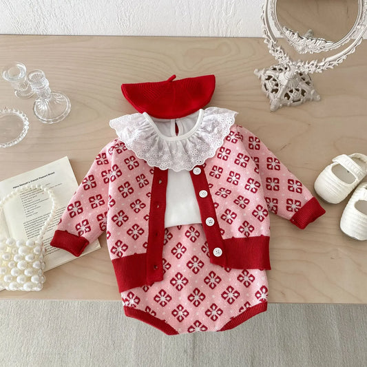 -ベビーセットアップ 2点セット レトロフラワーカーディガン+サスペンダーロンパース ピンクレッド - mamahalo shop - ロンパースセットアップ -  べビー服 - 子供服 - 男の子 - 女の子