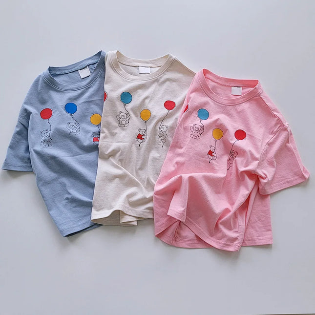 キッズトップス 半袖プリントTシャツ ベアくま風船バルーン 3カラー - mamahalo shop - 半袖Tシャツ -  べビー服 - 子供服 - 男の子 - 女の子