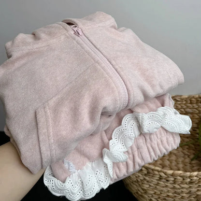 -キッズセットアップ 2点セット フーディジップアップ長袖パーカー+サイドフリルワイドルーズスウェットパンツ 2カラー - mamahalo shop - 長袖セットアップ -  べビー服 - 子供服 - 男の子 - 女の子