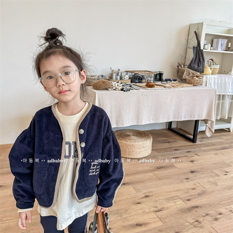 -キッズ レターロゴ 刺繍 コーデュロイ 長袖 パフスリーブ ジャケット コート アウター ガールズ【mh0002607】 - mamahalo shop - ショートコート・ジャケット・ジャンパー -  べビー服 - 子供服 - 男の子 - 女の子