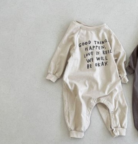 -ベビー 長袖ジャンプスーツ ロンパース レターロゴプリント コーヒー アプリコット 2カラー ボーイズ 男の子 子供服 7826 - mamahalo shop - 長袖ロンパース -  べビー服 - 子供服 - 男の子 - 女の子