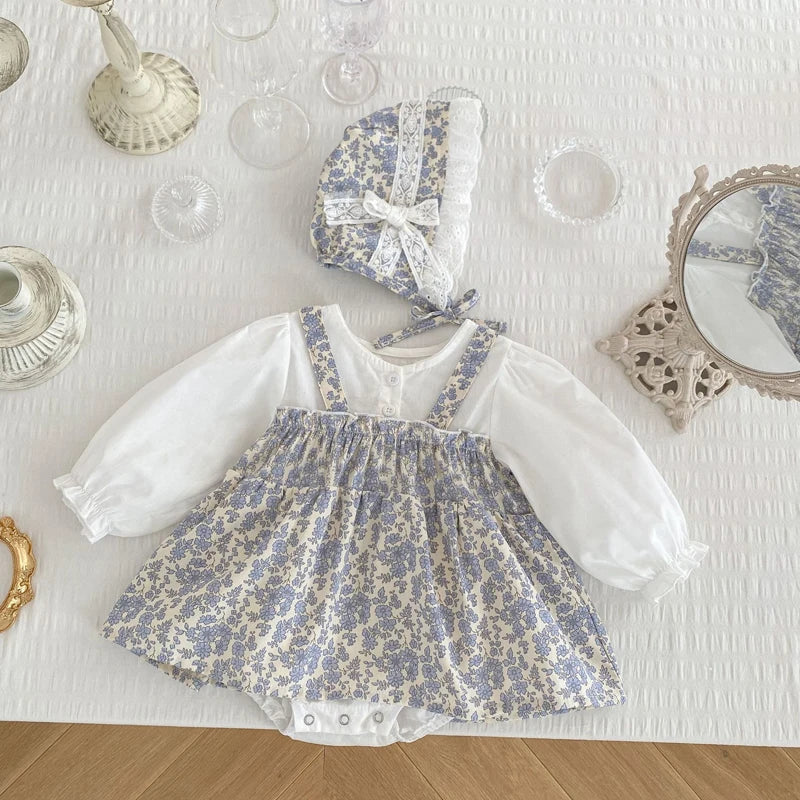 -ベビーロンパース ドッキングスカートフラワープリント長袖ボディスーツ+ボンネット帽子セット【mh0006994】 - mamahalo shop - 長袖ロンパース -  べビー服 - 子供服 - 男の子 - 女の子