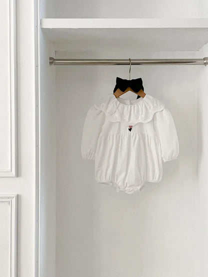 -ベビーロンパース ヘアバンドセット 長袖サークル襟ボディスーツ+リボンヘアバンド ホワイト【mh0004697】 - mamahalo shop - 長袖ロンパース -  べビー服 - 子供服 - 男の子 - 女の子