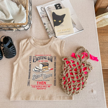 -キッズ レターロゴ プリント タンクトップ ノースリーブ Tシャツ カーキ ブルー ピンク ユニセックス【mh0002050】 - mamahalo shop - タンクトップ・キャミソール・ノースリーブトップス -  べビー服 - 子供服 - 男の子 - 女の子