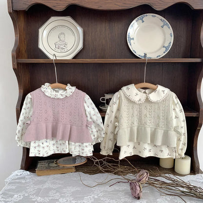 -ベビーキッズベスト レースニット ペプラム リボン ノースリーブトップス アプリコット/ピンク/2カラー【mh0004272】 - mamahalo shop - ベスト -  べビー服 - 子供服 - 男の子 - 女の子