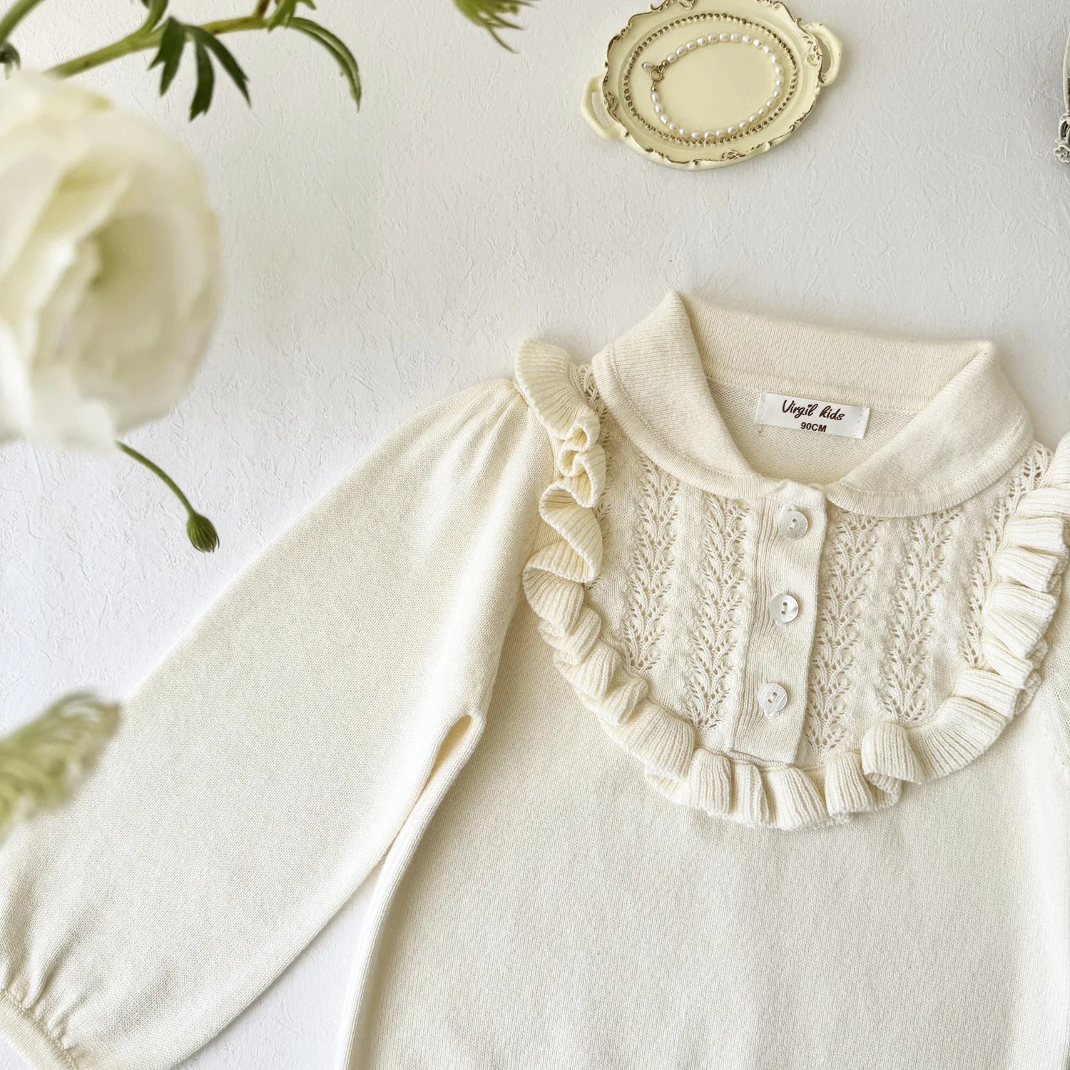 -キッズトップス ニット 長袖ブラウス フ襟付きフリルカットソー  ピンク/ベージュ/2カラー【mh0004497】 - mamahalo shop - 長袖シャツ・ブラウス -  べビー服 - 子供服 - 男の子 - 女の子