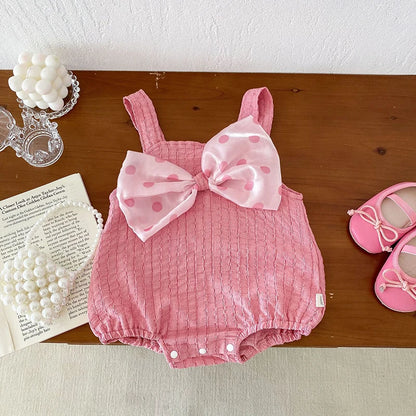 -ベビーロンパース キャミソールボディスーツ 水玉ドットリボン ピンク【mh0004896】 - mamahalo shop - ノースリーブロンパース -  べビー服 - 子供服 - 男の子 - 女の子