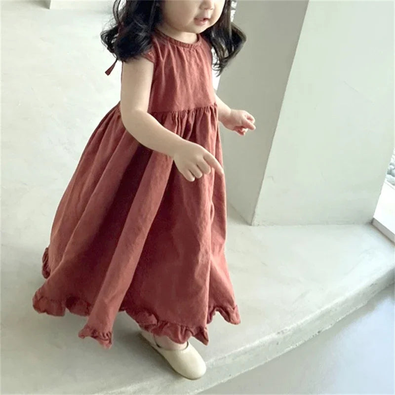 -キッズワンピース ノースリーブバックオープンフリルサマードレス 2カラー【mh0005832】 - mamahalo shop - ノースリーブワンピース -  べビー服 - 子供服 - 男の子 - 女の子