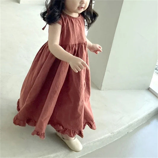 -キッズワンピース ノースリーブバックオープンフリルサマードレス 2カラー【mh0005832】 - mamahalo shop - ノースリーブワンピース -  べビー服 - 子供服 - 男の子 - 女の子