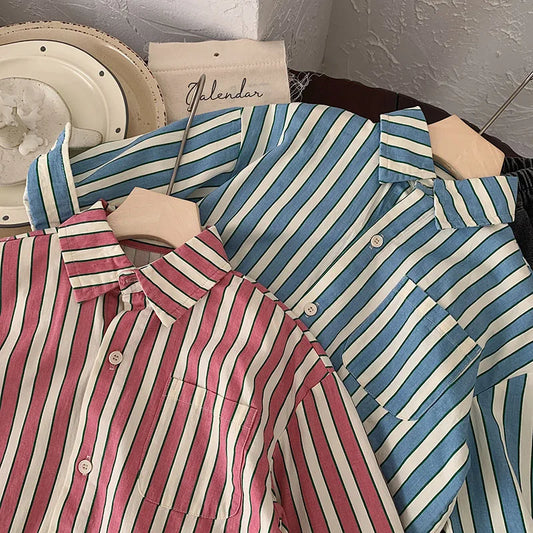 -キッズトップス 長袖シャツ ブラウス ストライプ柄 ピンク/ブルー/2カラー - mamahalo shop - 長袖シャツ・ブラウス -  べビー服 - 子供服 - 男の子 - 女の子