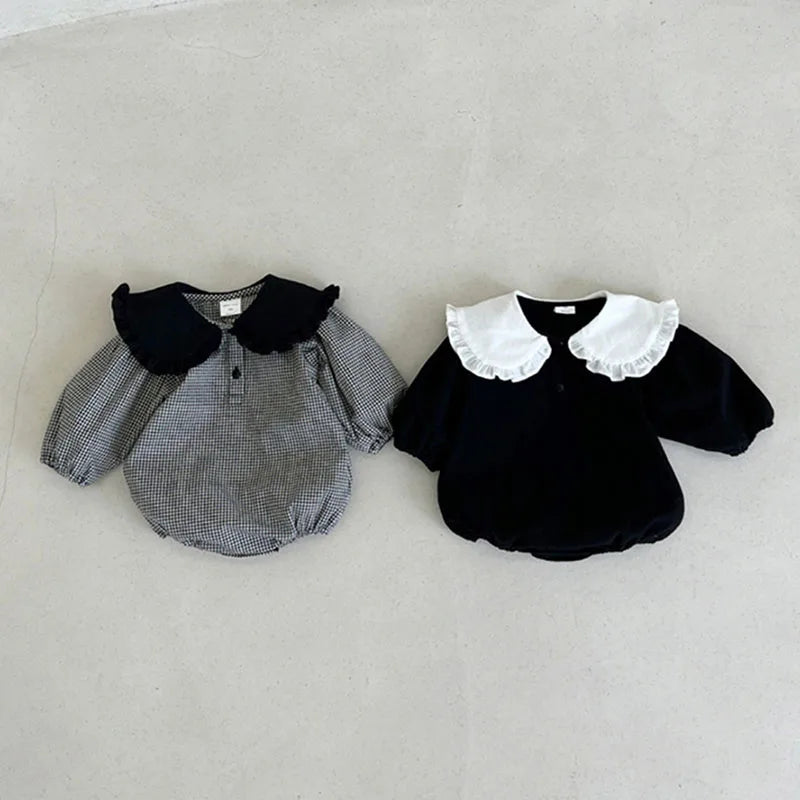 -ベビーロンパース フリルビッグ襟 長袖ボディスーツ ブラック/チェック【mh0004224】 - mamahalo shop - 長袖ロンパース -  べビー服 - 子供服 - 男の子 - 女の子