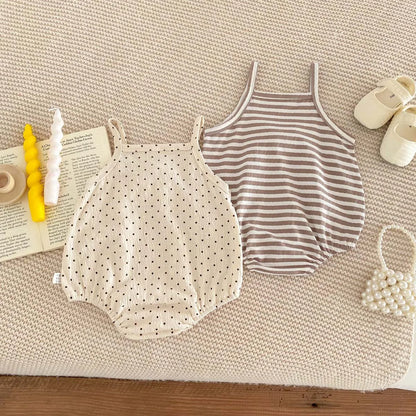 -☺︎ ベビーロンパース キャミソールボディスーツ ボーダー柄/水玉ドットプリント 2カラー - mamahalo shop - ノースリーブロンパース -  べビー服 - 子供服 - 男の子 - 女の子