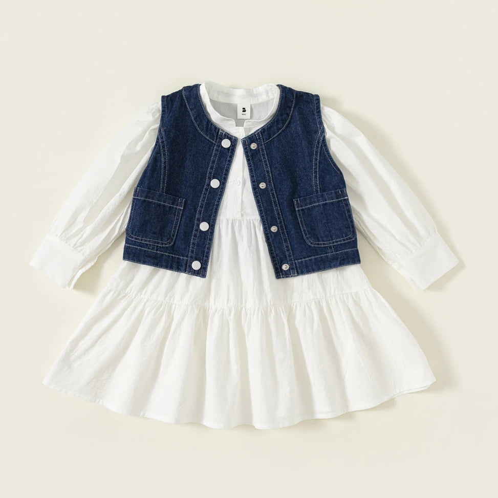 -キッズセットアップ 2点セット デニムジレベスト+長袖ふんわりワンピース【mh0007298】 - mamahalo shop - 長袖セットアップ -  べビー服 - 子供服 - 男の子 - 女の子