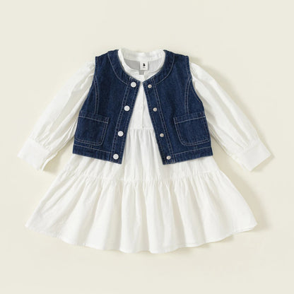 -キッズセットアップ 2点セット デニムジレベスト+長袖ふんわりワンピース【mh0007298】 - mamahalo shop - 長袖セットアップ -  べビー服 - 子供服 - 男の子 - 女の子
