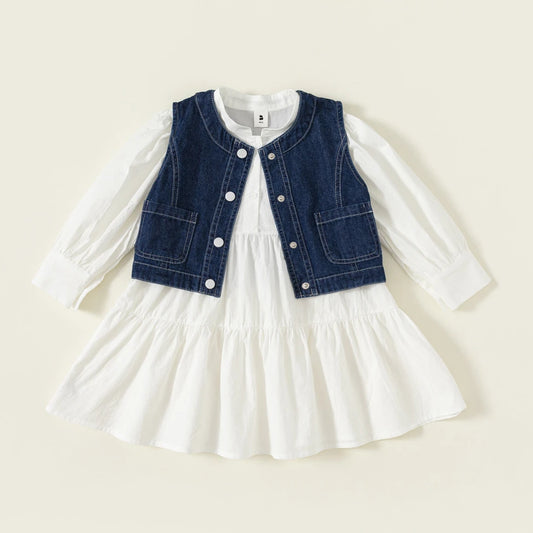 -キッズセットアップ 2点セット デニムジレベスト+長袖ふんわりワンピース【mh0007298】 - mamahalo shop - 長袖セットアップ -  べビー服 - 子供服 - 男の子 - 女の子