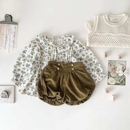 -ベビー キッズ フリル フラワー 花柄 ピンタック 長袖 チュニック ブラウス シャツ ガールズ - mamahalo shop - 長袖シャツ・ブラウス -  べビー服 - 子供服 - 男の子 - 女の子